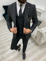 Black Slim Fit Striped Suit