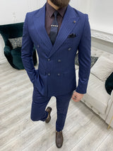 Blue Slim Fit Striped Double Breasted Suit