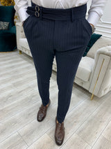 Navy Blue Buckled Canvas Trousers