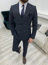 Dark Navy Blue Slim Fit Striped Double Breasted Suit