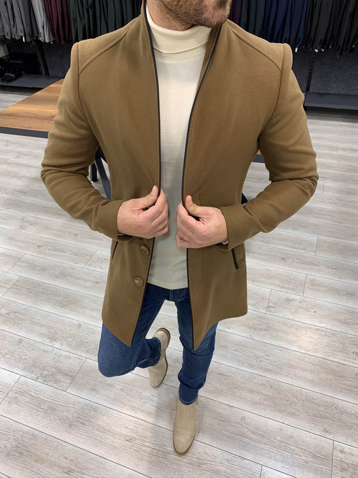 Camel shawl collar on sale coat