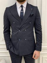 Dark Navy Blue Slim Fit Striped Double Breasted Suit