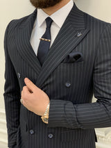 Dark Navy Blue Slim Fit Striped Double Breasted Suit