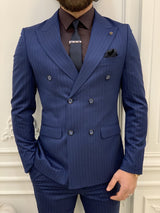 Blue Slim Fit Striped Double Breasted Suit