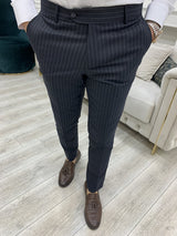 Dark Navy Blue Slim Fit Striped Double Breasted Suit