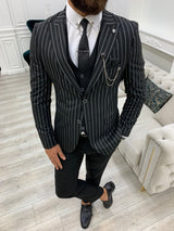 Black Slim Fit Striped Suit