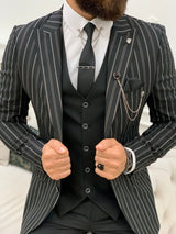 Black Slim Fit Striped Suit