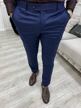 Blue Slim Fit Striped Double Breasted Suit