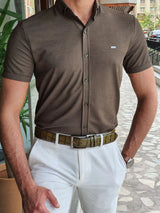 Slim Fit Self Patterned Button Collar Short Sleeve Shirt