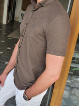 Slim Fit Self Patterned Button Collar Short Sleeve Shirt