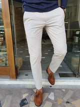 Slim Fit Self Patterned Side Pocket Linen Trousers Stone