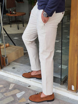 Slim Fit Self Patterned Side Pocket Linen Trousers Stone