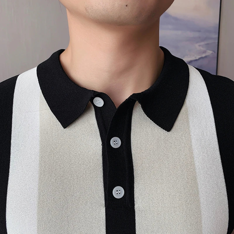 Stripe Patchwork Knitting Polo Shirt