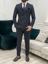 Dark Navy Blue Slim Fit Striped Double Breasted Suit