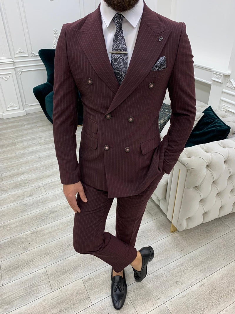 Burgundy Italian Style Slim Fit Double Breasted Suit