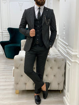 Black Slim Fit Striped Suit