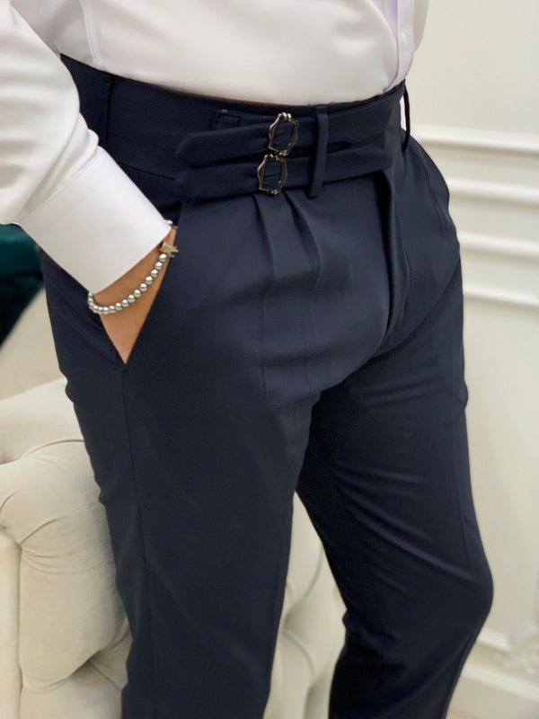 Navy Blue Buckled Canvas Trousers
