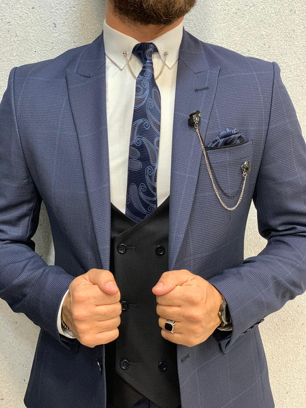 Navy Blue Plaid Slim Fit Suit