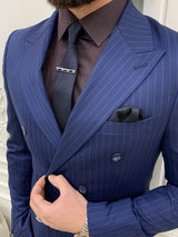Blue Slim Fit Striped Double Breasted Suit