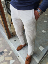 Slim Fit Self Patterned Side Pocket Linen Trousers Stone
