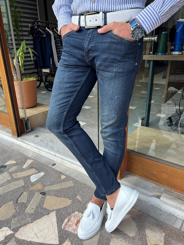 Narrow Cut Slit Detailed Grinding Jeans